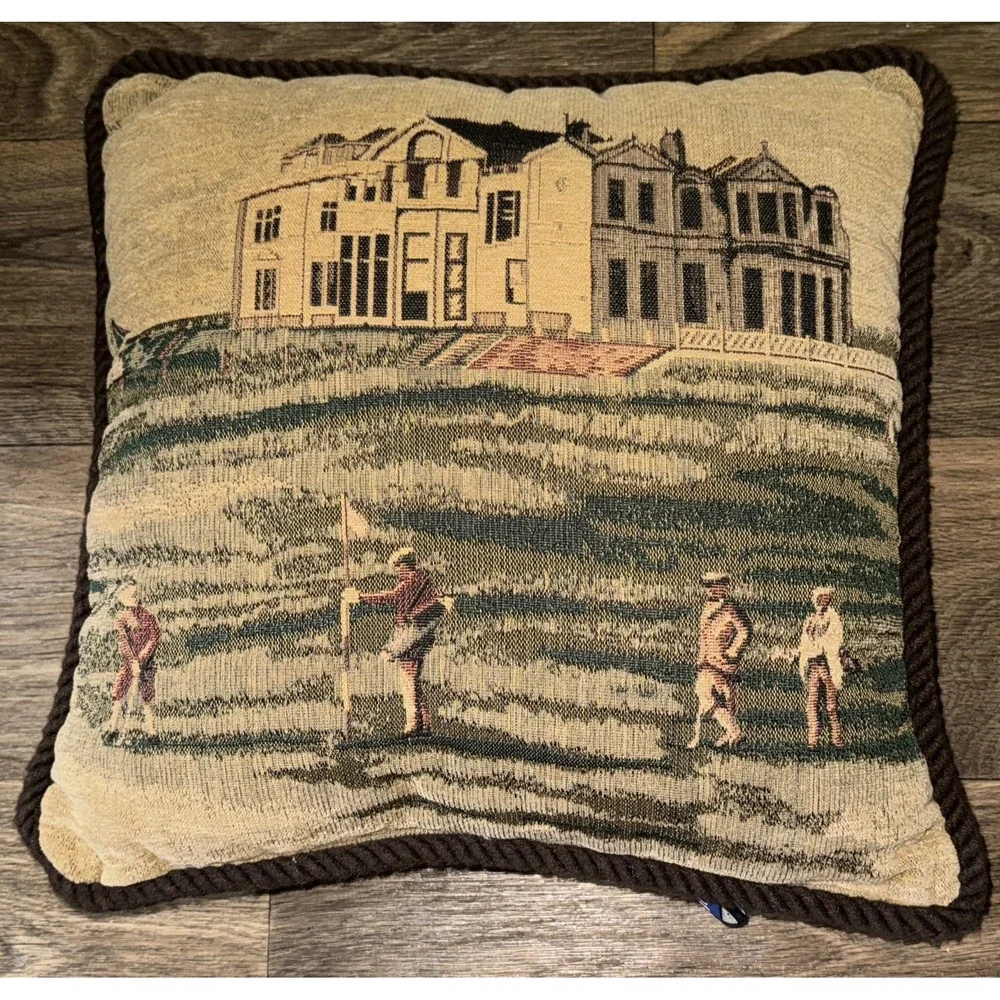 Vtg Ashford Court Jacquard Corded Golf At The Estate Accent Pillow 16 X 16